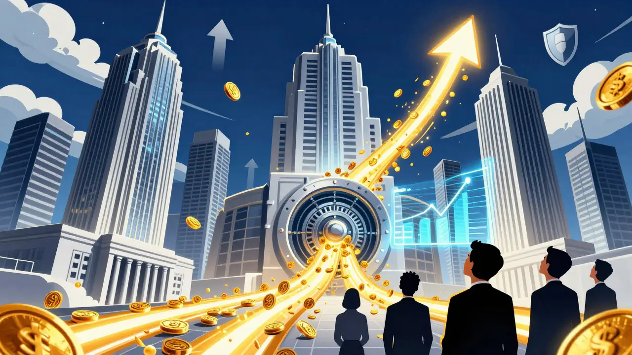 Corporate buildings turning into digital assets in a retro-futuristic illustration