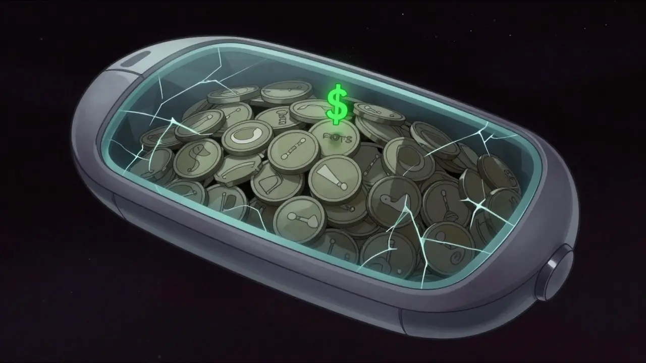 Cracked digital wallet filled with low-value tokens in a dark void