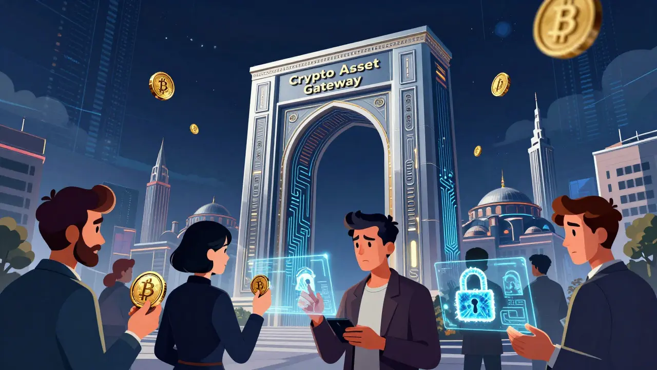 Futuristic gateway structure in Istanbul with people using various crypto methods
