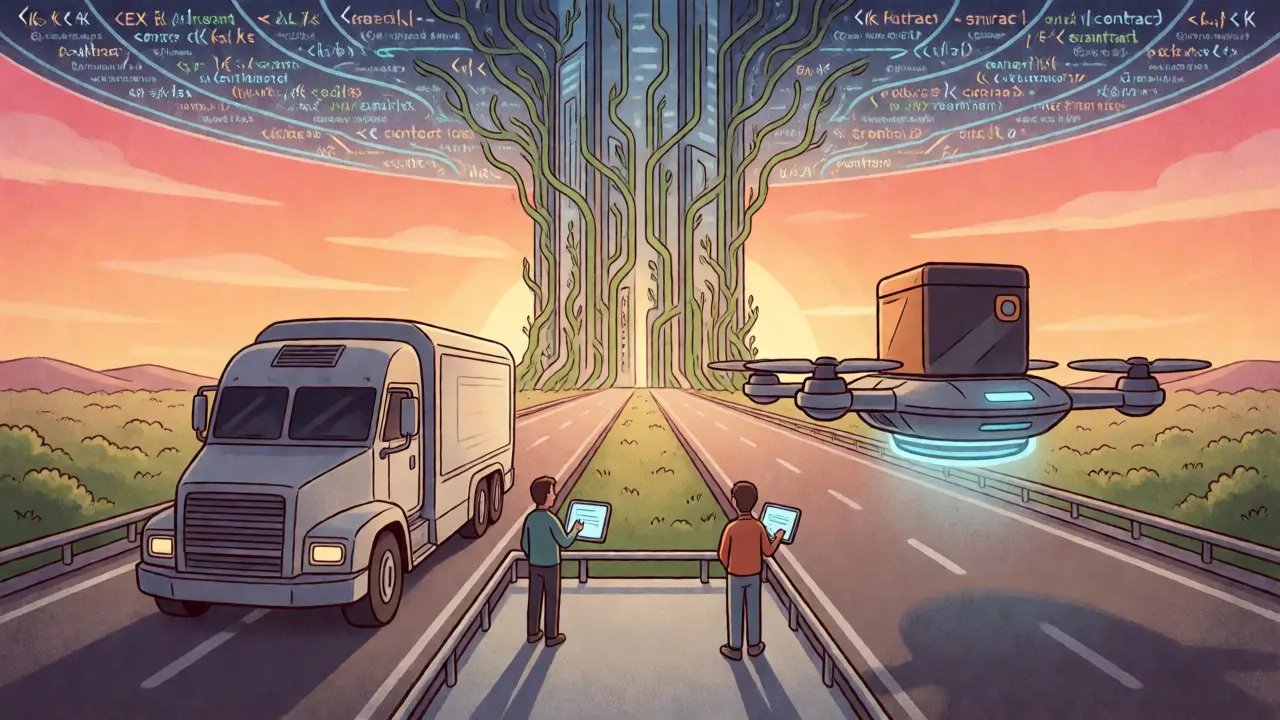 Futuristic highway merging a bank truck and a wallet drone under a smart contract canopy, symbolizing hybrid exchange models.