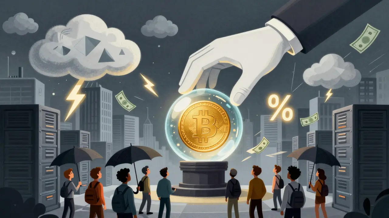 Giant hand reaching toward a glass sphere containing a glowing coin