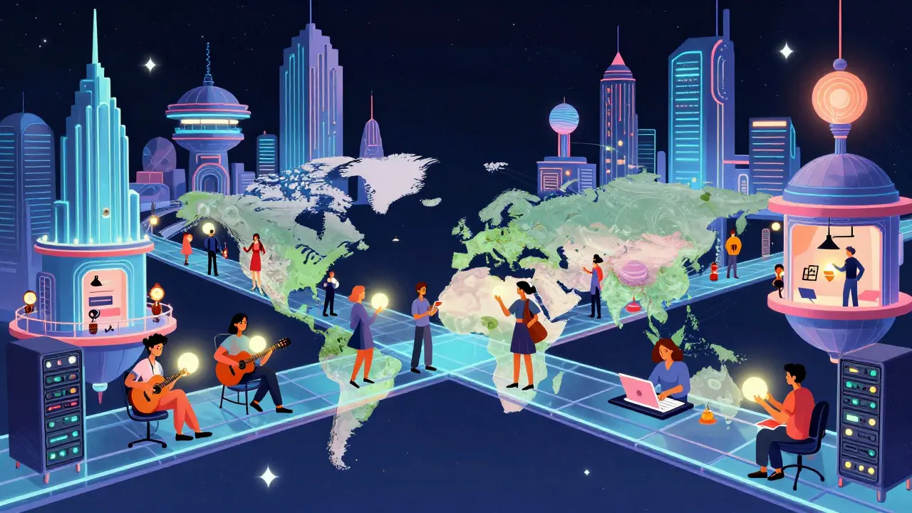 Global creators trading glowing IP assets in a retro-futuristic space marketplace