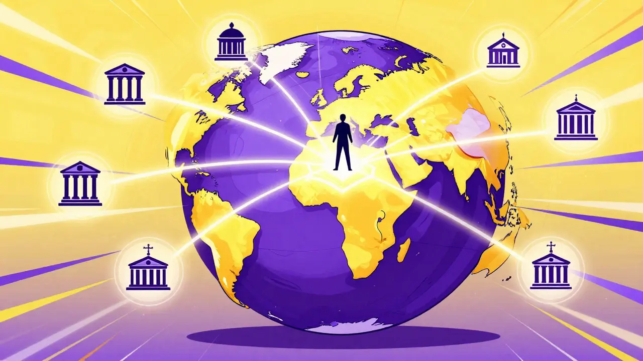 Global network connecting identity services via energy lines in retro-futuristic illustration
