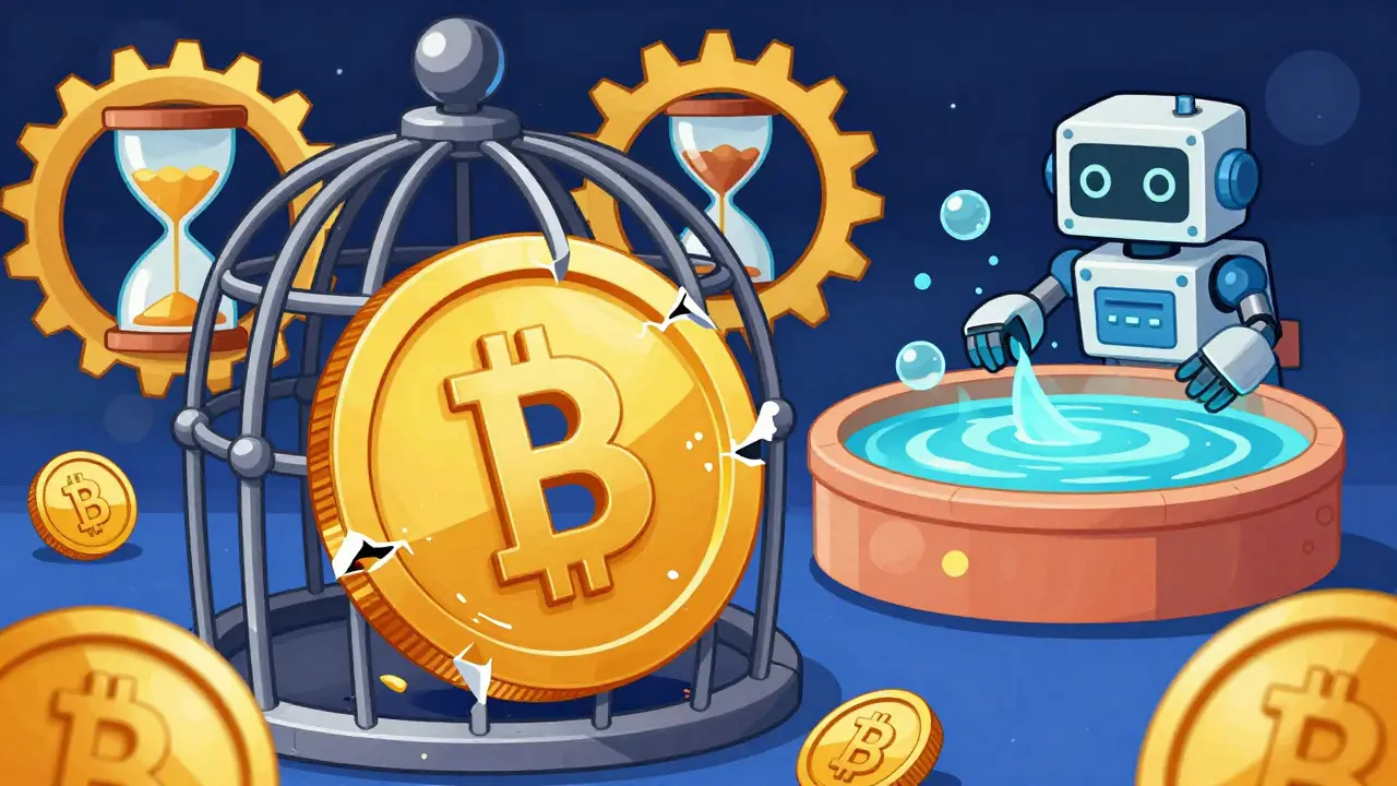Golden coin escaping a clockwork cage while a robot manages a liquid pool