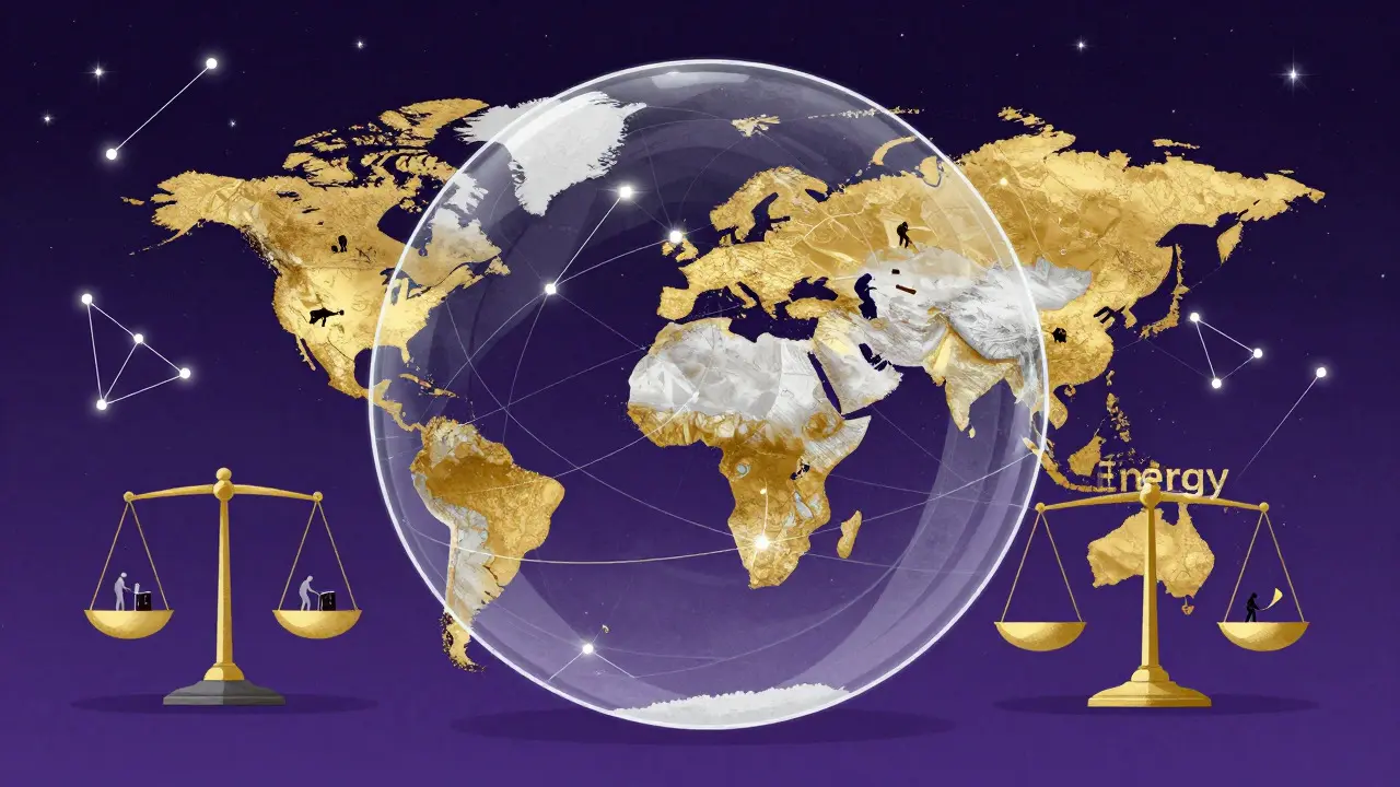 Illustration of a globe balancing energy and security for blockchain.