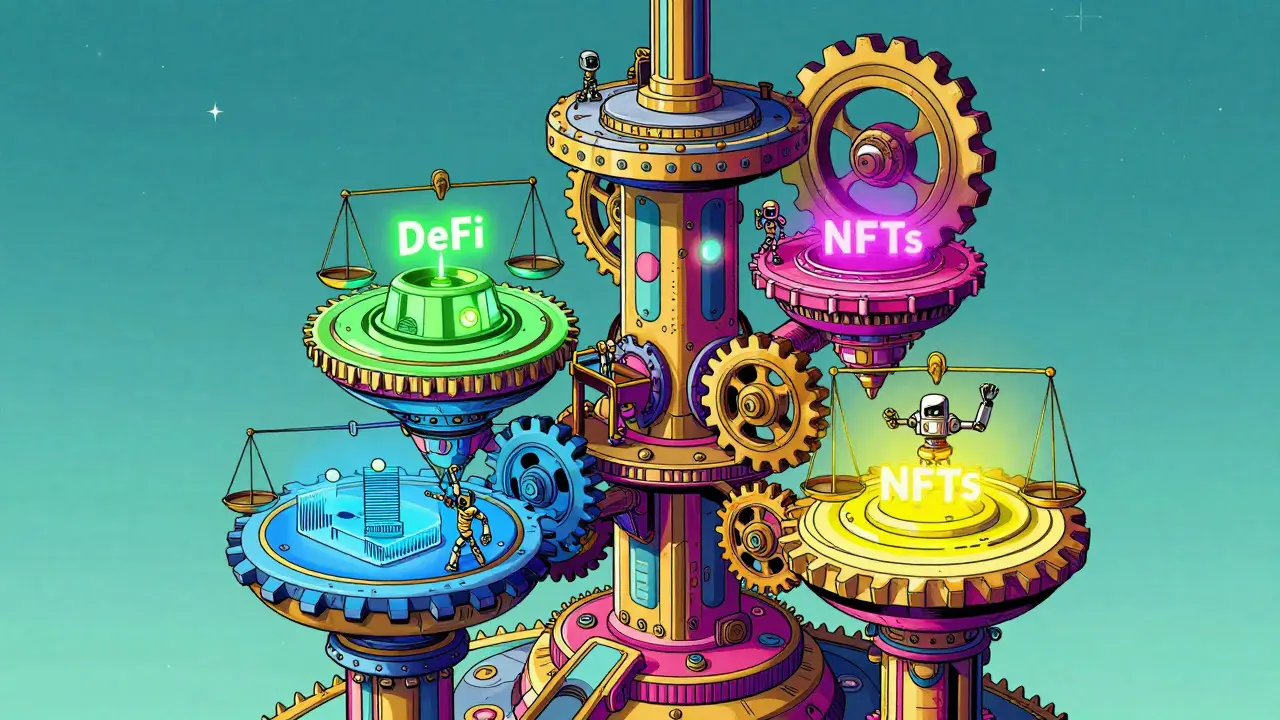 Illustration of a stable, multi-layered mechanical city representing blockchain diversification
