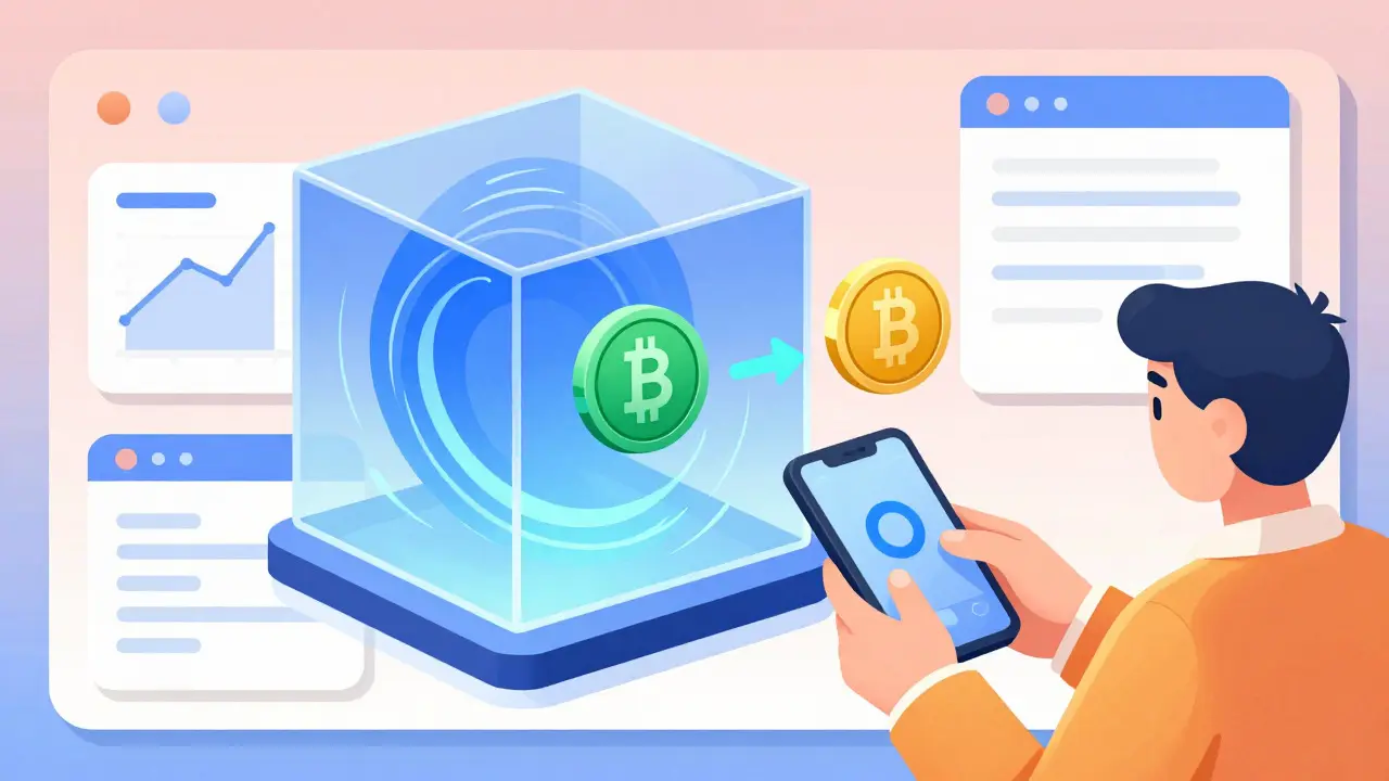 Illustration of digital wallet connecting to glowing glass exchange cube