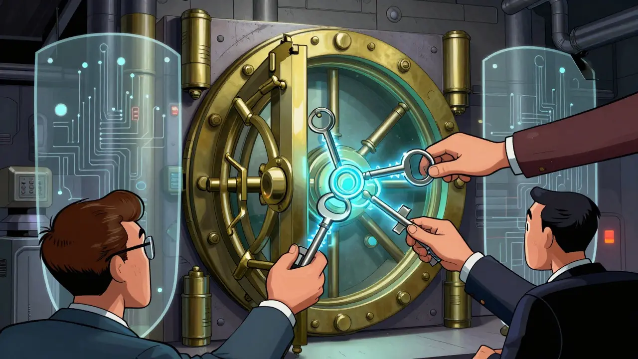 Illustration of multiple hands using digital keys to open a secure mechanical vault