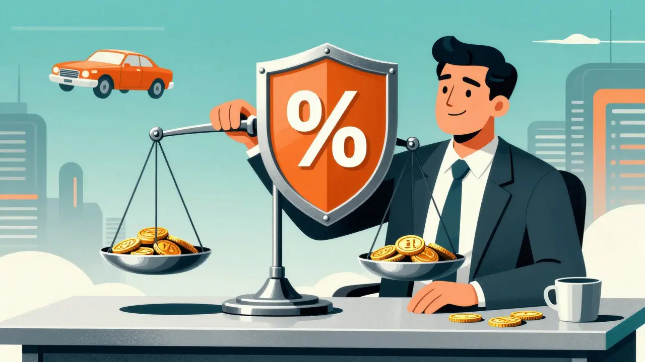 Illustration of trader balancing risk using a scale and shield