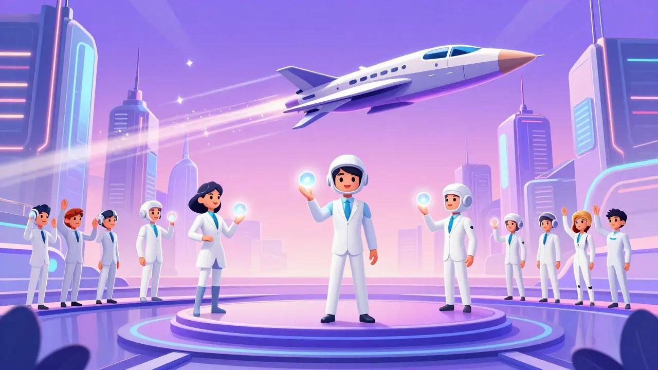 Illustration of validators holding glowing orbs in a futuristic city setting