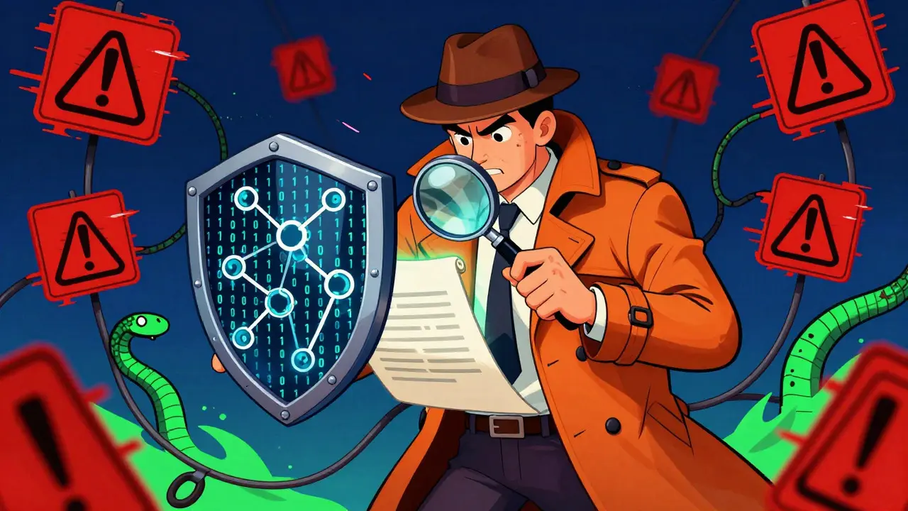 Investor holding a blockchain shield against glitching scam warnings