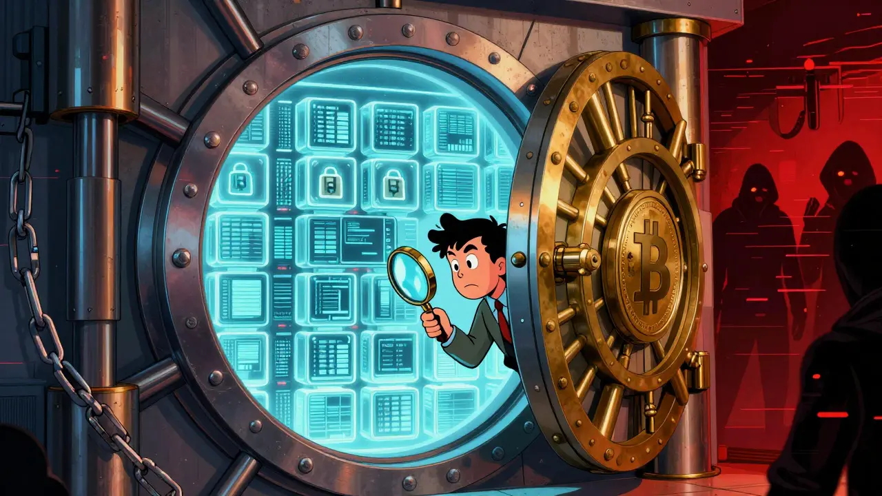 Investor inspecting a glowing crypto vault for security flaws in a dark room