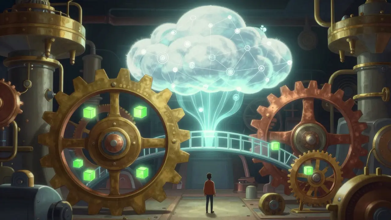 Mechanical gears connected to a glowing cloud structure in a retro-futuristic scene