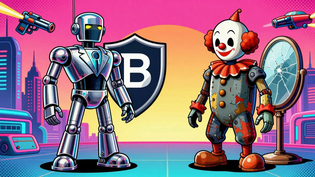 Retro cartoon comparing a legitimate robot exchange to a deceptive imposter.