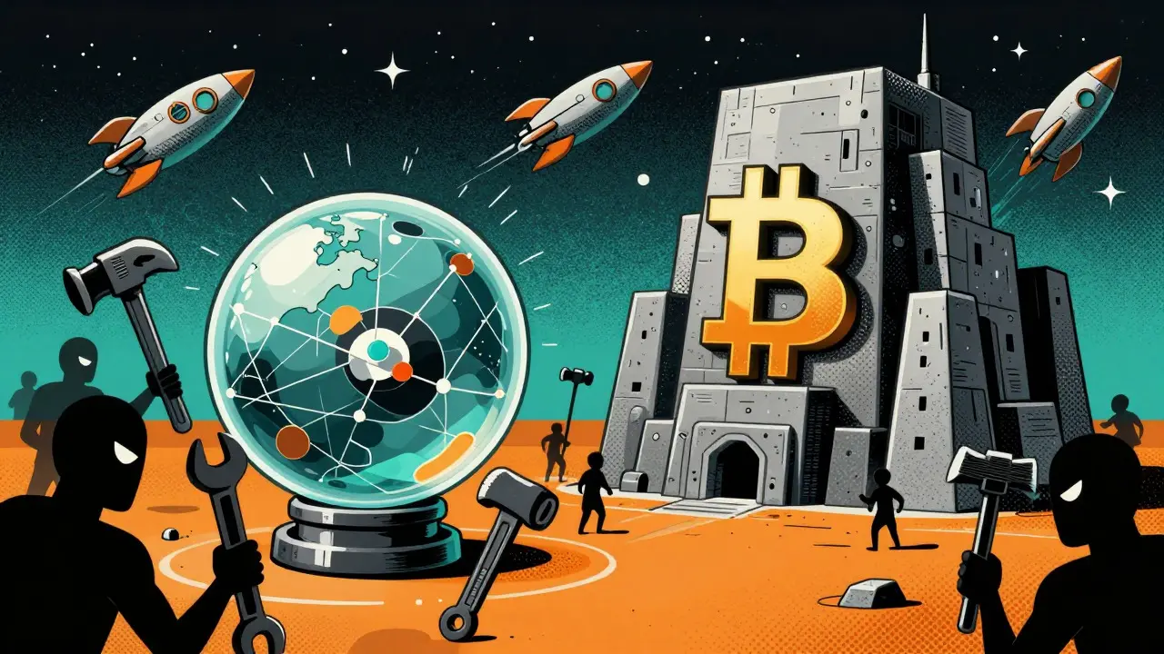 Retro-futuristic art comparing small vulnerable coins to a massive secure Bitcoin fortress