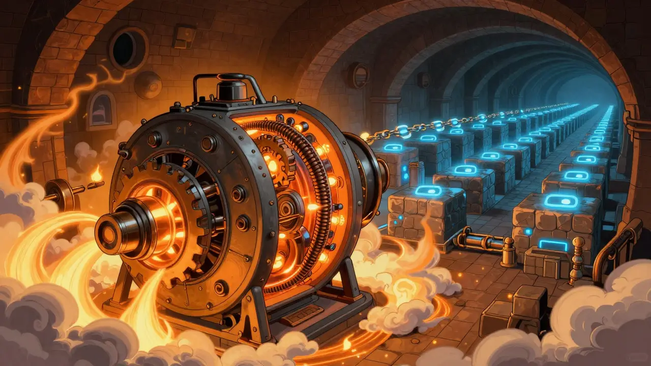 Retro-futuristic art of a large, steaming mining machine securing a blockchain