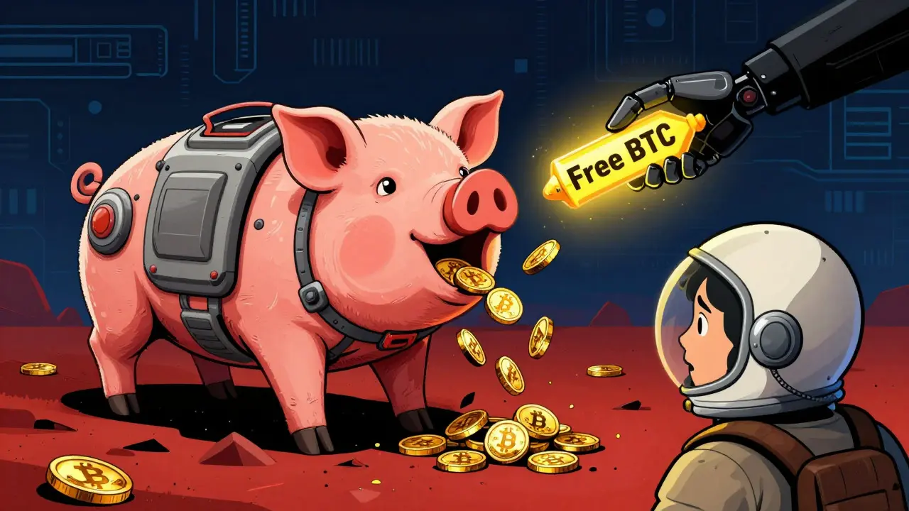 Retro-futuristic art showing a mechanical pig scam lure in a digital void.