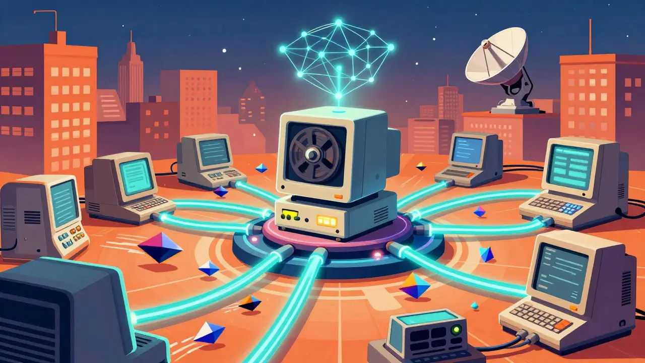 Retro-futuristic diagram of data flowing between legacy systems and a central hub