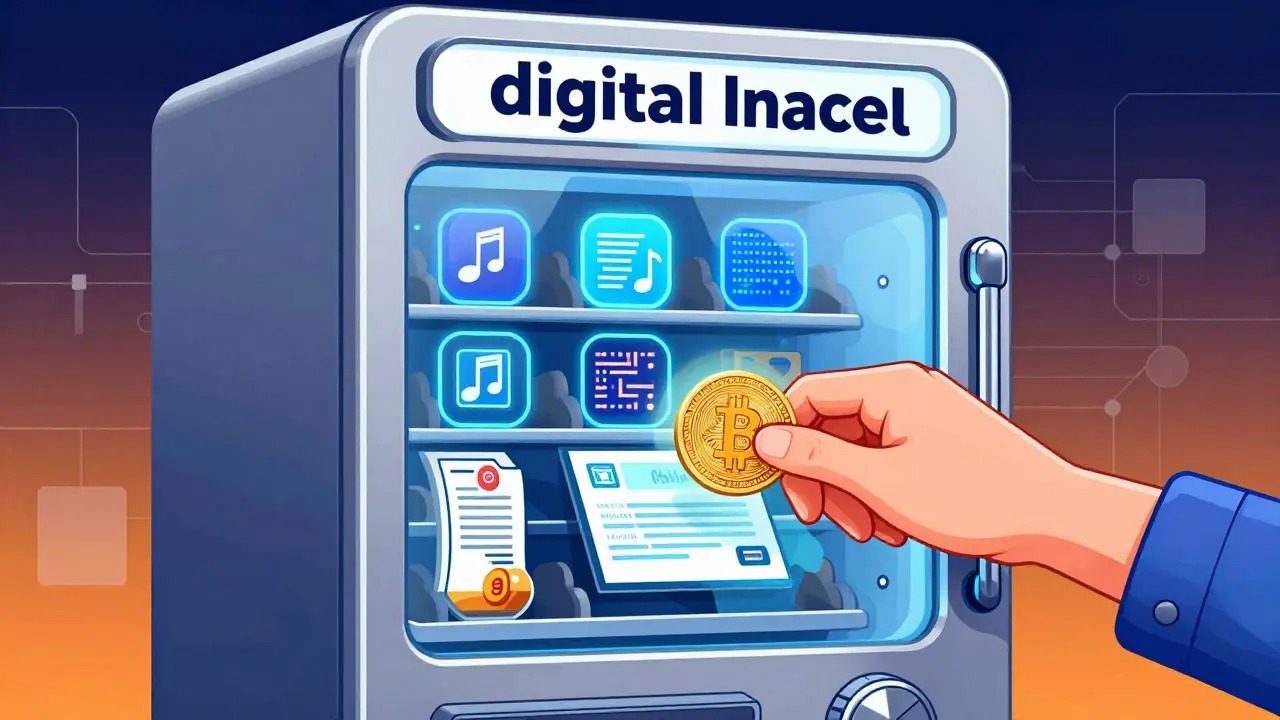 Retro-futuristic digital vending machine dispensing IP licenses via smart contract