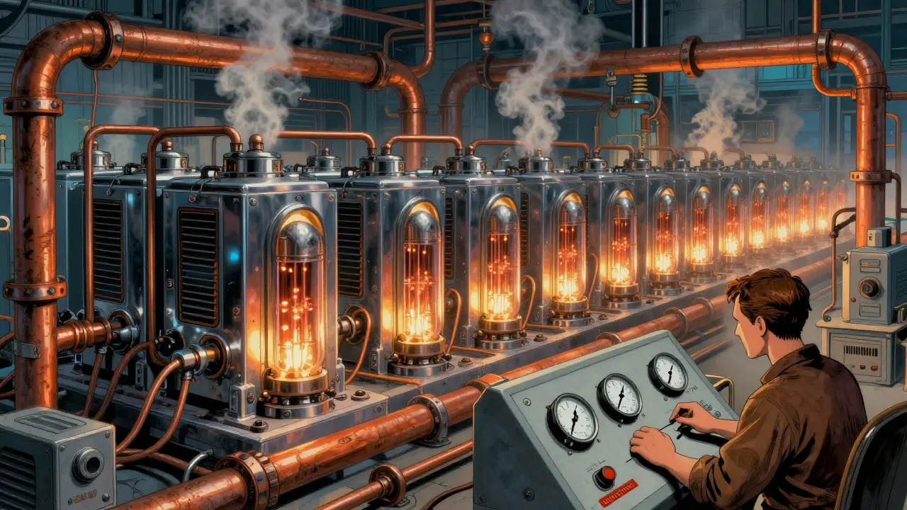 Retro-futuristic mining farm with rows of chrome ASIC machines.