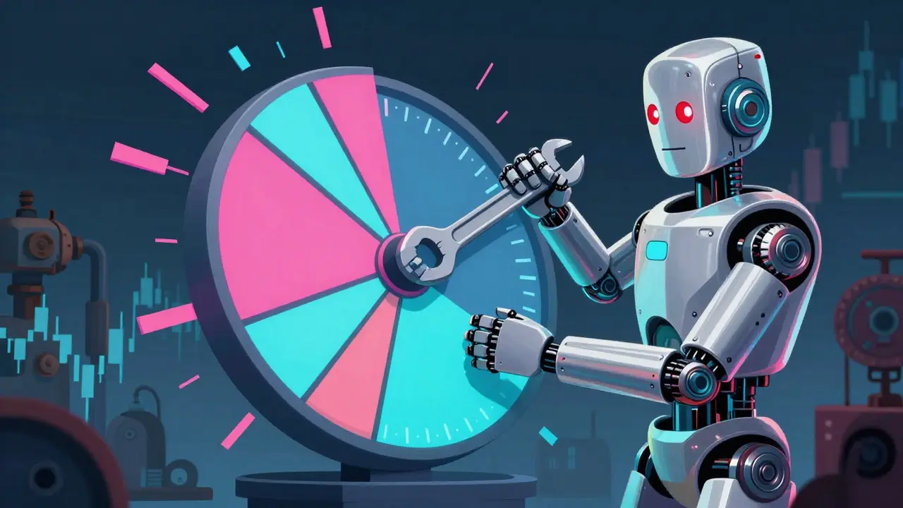 Robot arm rebalancing a colorful dial in a retro-futuristic setting