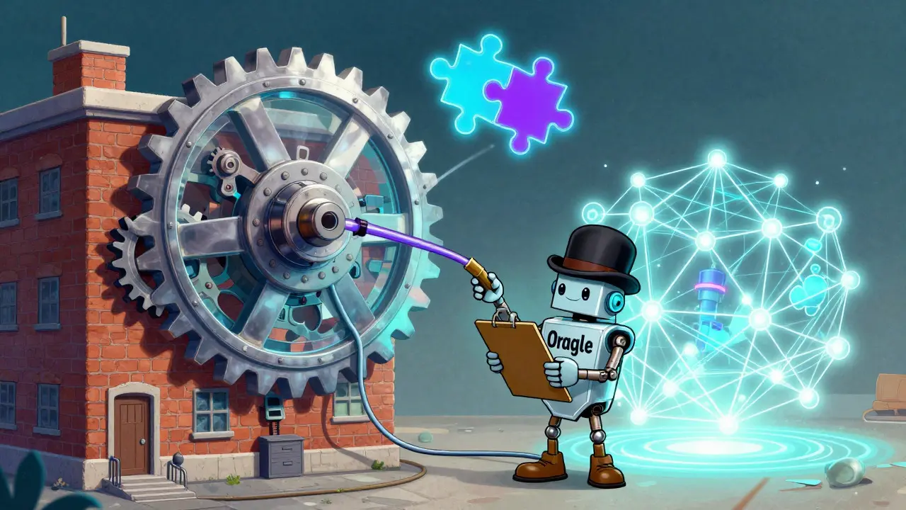 Robot oracle connecting physical building to blockchain gears in cartoon style