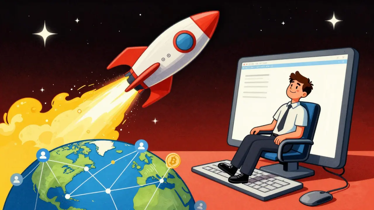 Rocket launching from computer screen symbolizing successful SaaS deployment