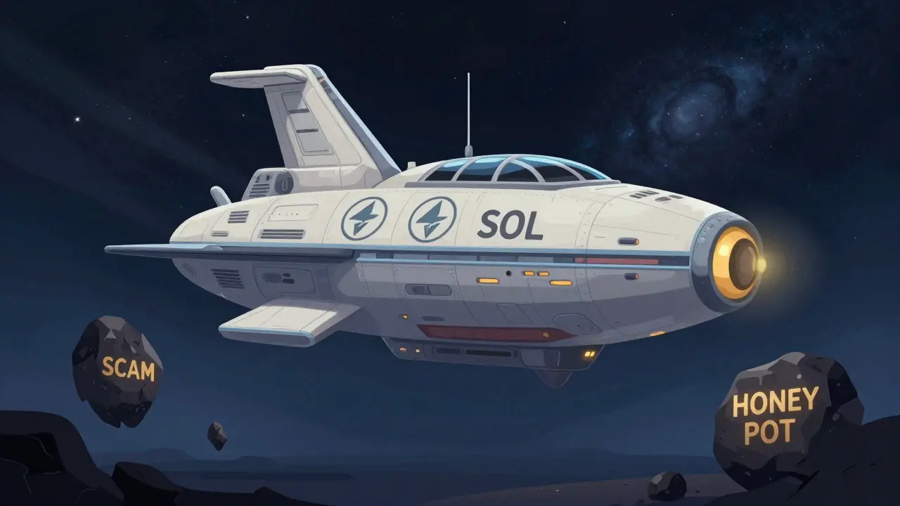 Safe crypto spaceship floating past scam asteroids in retro-futuristic art.
