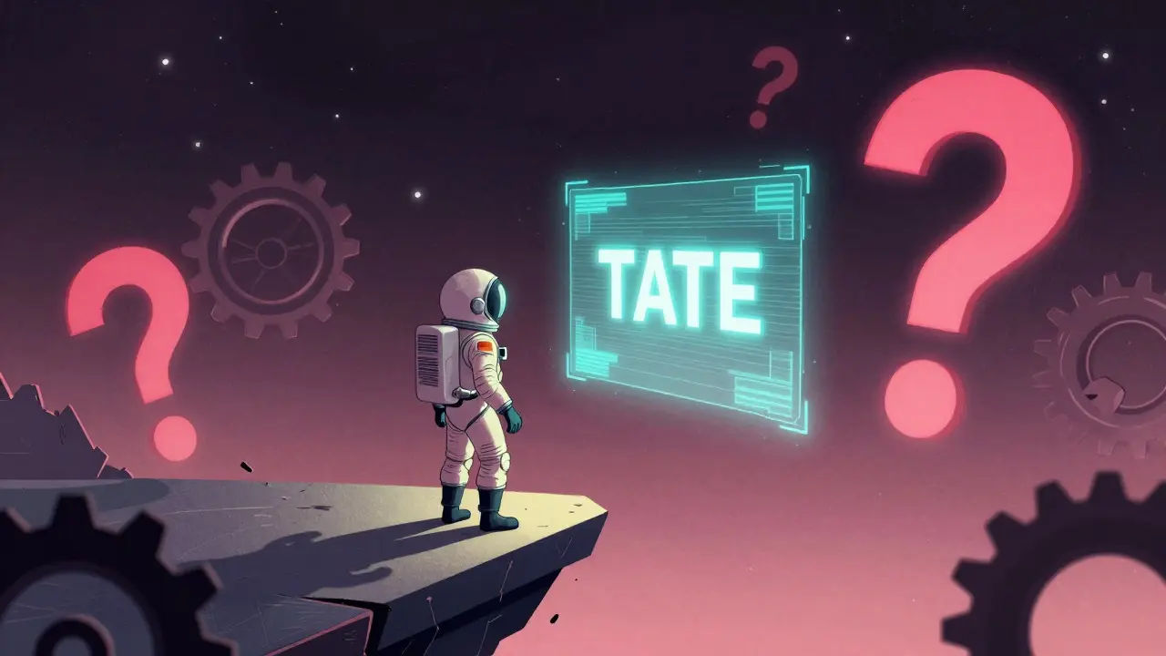 Space-suited investor staring at a fading TATE hologram over a starry void