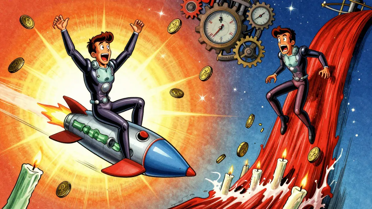 Split image of an investor rising on green candles then falling on red