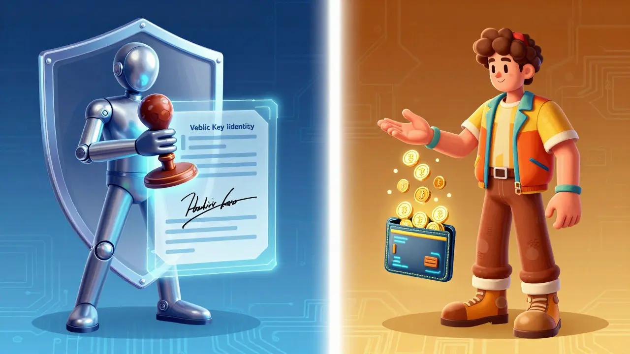 Split scene comparing public key verification on the left with wallet address fund reception on the right.