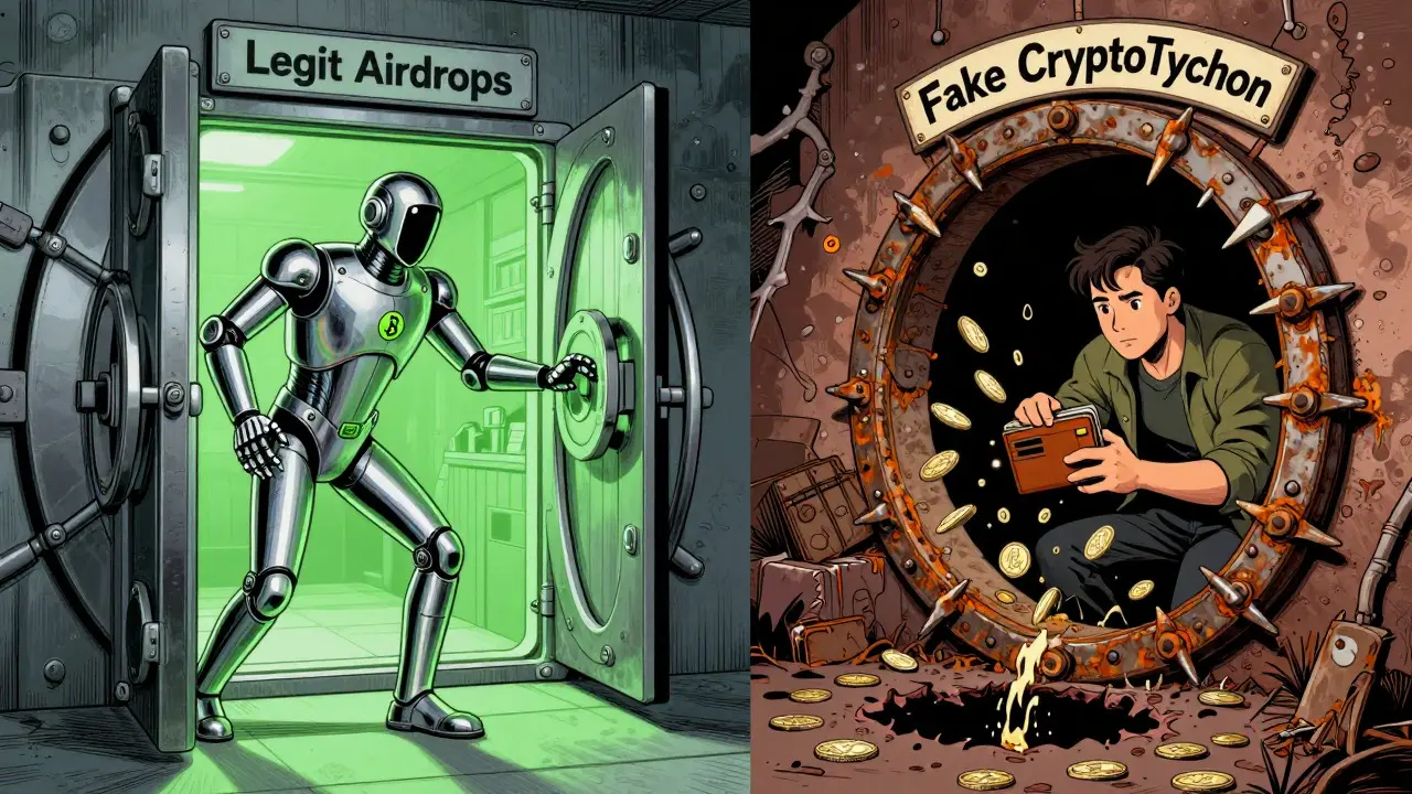 Split screen contrasting secure vault vs wallet drain trap in retro style
