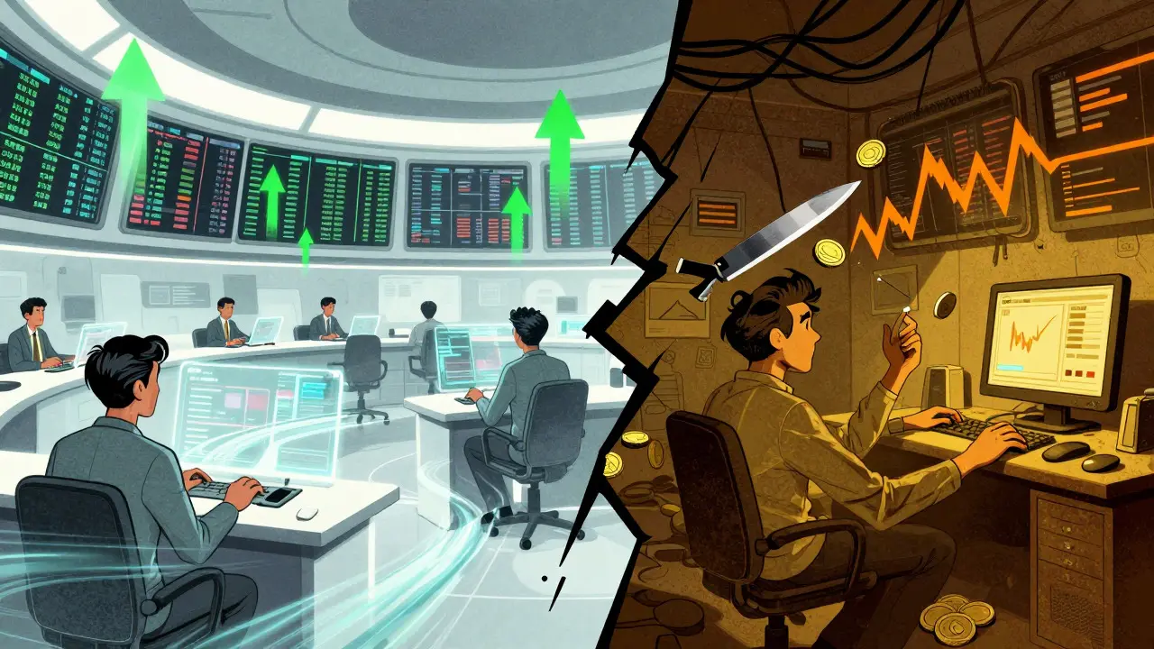 Split view comparing sleek major exchange trading floor with cluttered niche platform