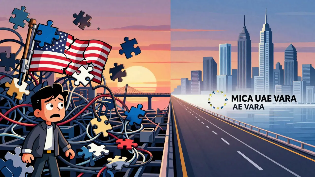 Split view contrasting chaotic US regulations with streamlined EU and UAE paths