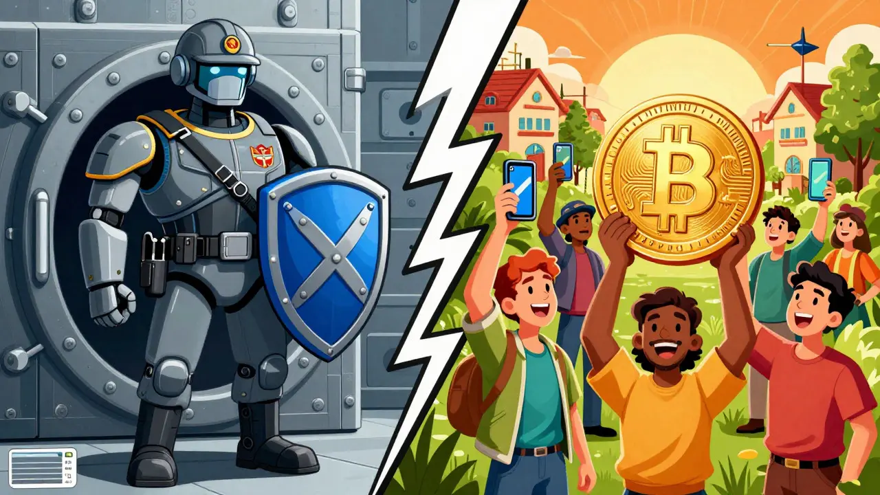 Split view of military enforcers vs. citizens using digital currency in villages.