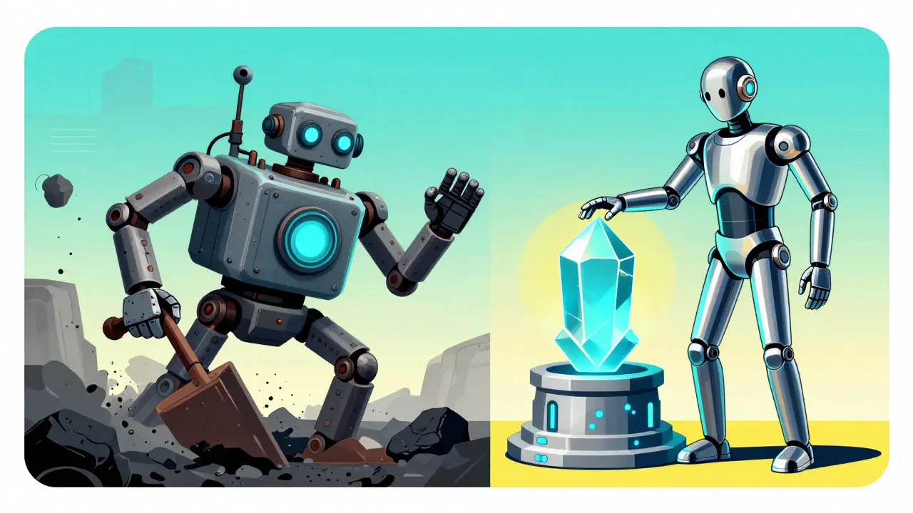 Split view of steam miner vs sleek staker in retro-futuristic cartoon style.