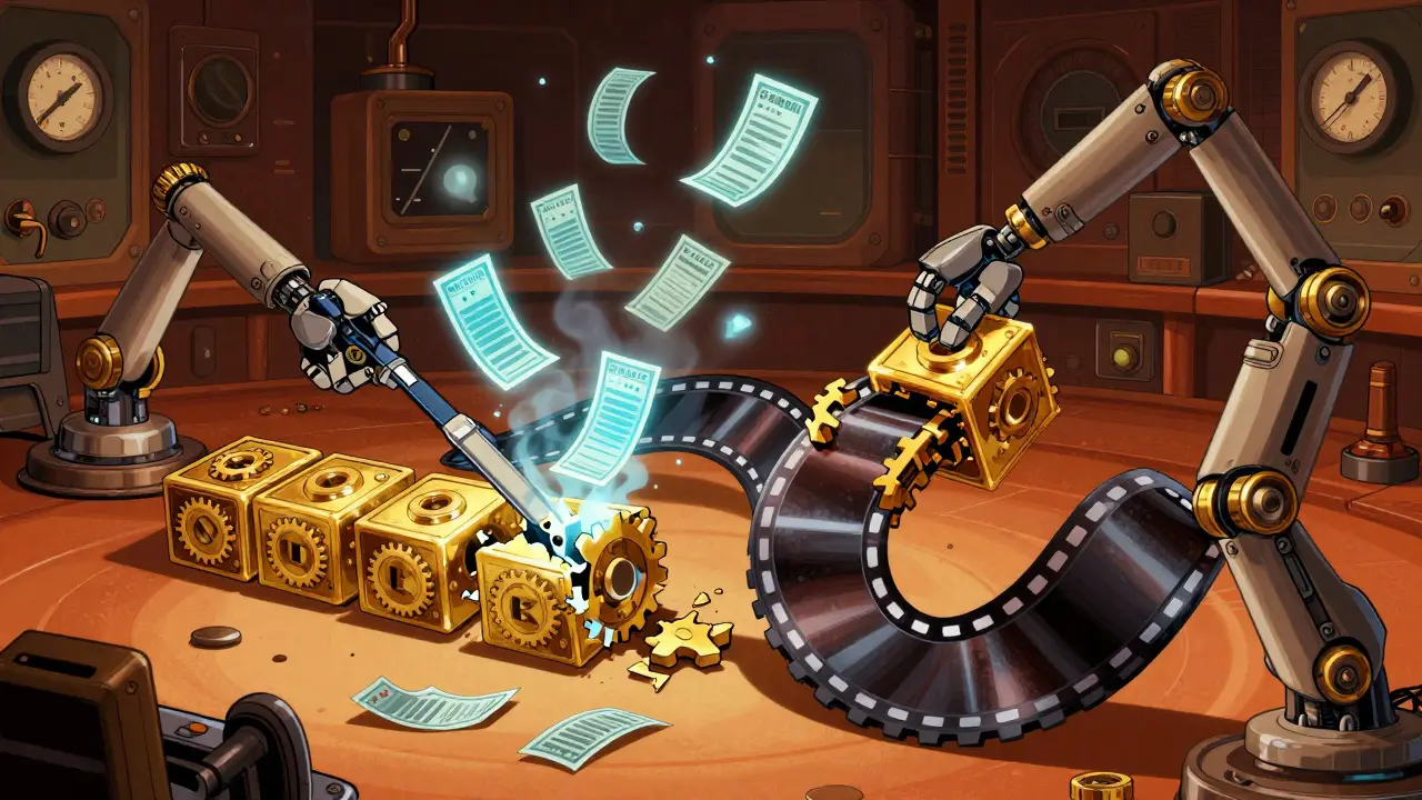 Steampunk illustration showing a blockchain timeline being mechanically rewound