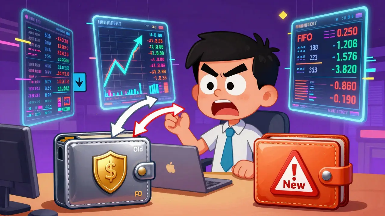 Stressed trader managing crypto wallets with holographic charts showing FIFO rules