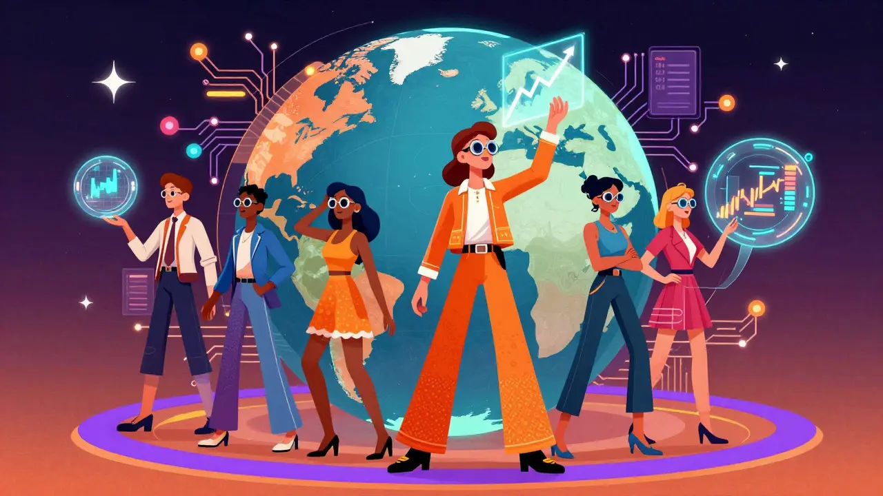 Stylized characters interacting with a neon globe and floating data interfaces