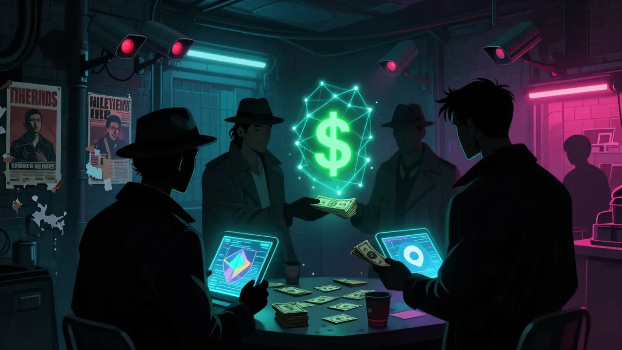 Underground traders exchanging crypto for cash in a neon-lit, noir alleyway.