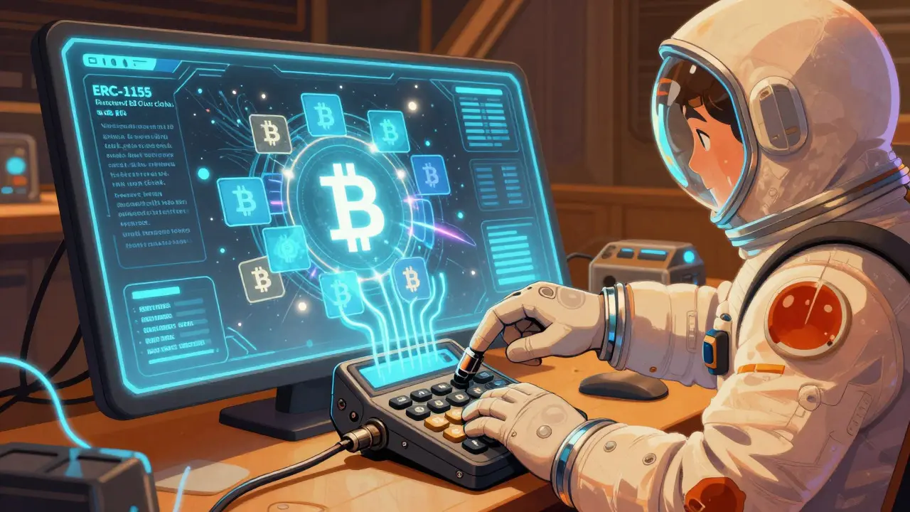 User connecting hardware wallet to holographic DeFi dashboard in retro sci-fi setting