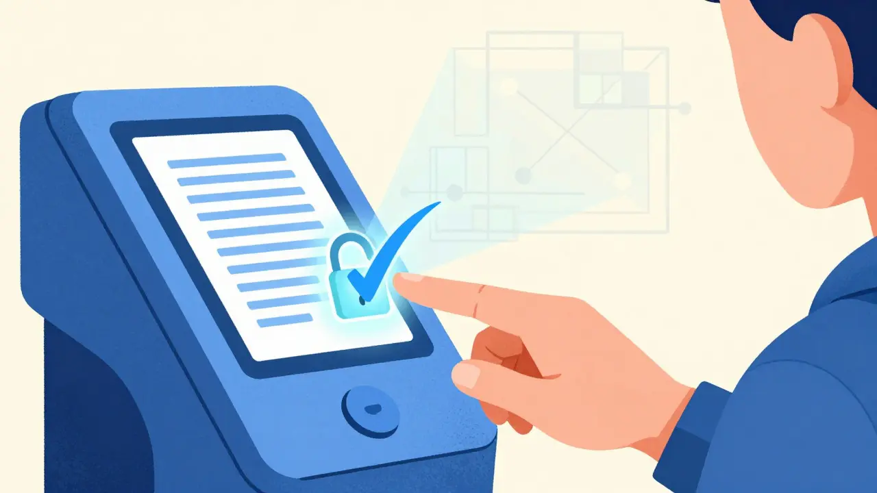User verifying identity with a holographic checkmark and padlock icon in retro-futuristic style