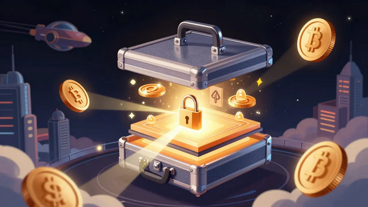 Wallet connecting to a layered blockchain network with floating coins
