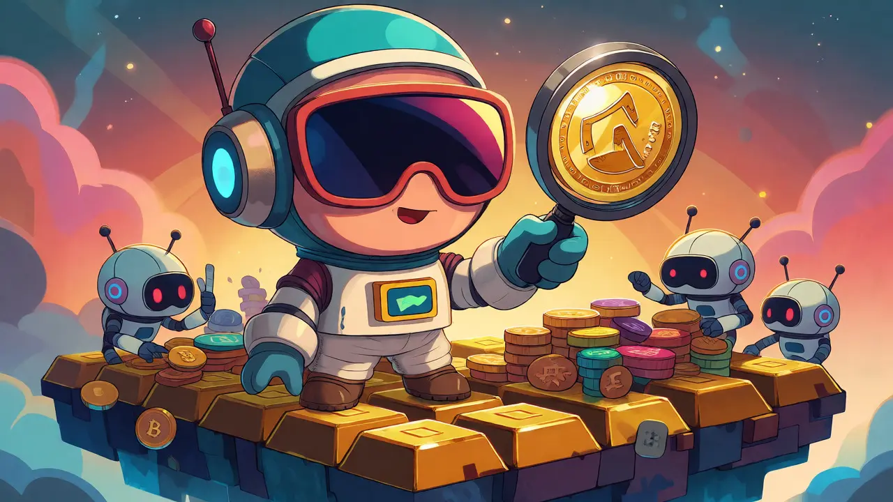 A cartoon trader inspecting crypto assets on a floating digital island.