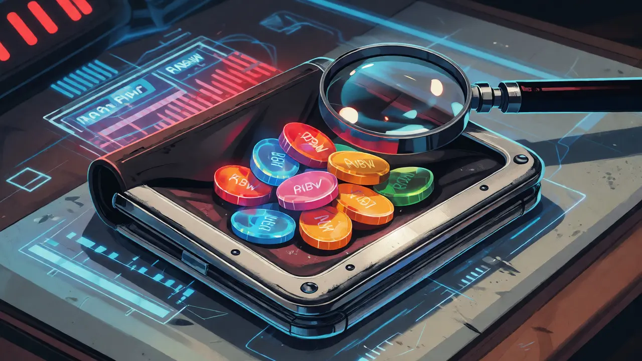 A dusty digital wallet holding dim RNBW tokens in a retro tech setting