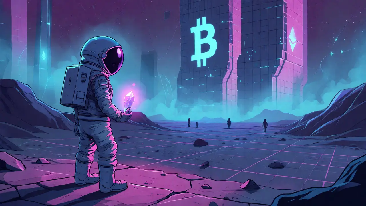A lone astronaut holds a small gem on a desolate digital planet near giant towers.