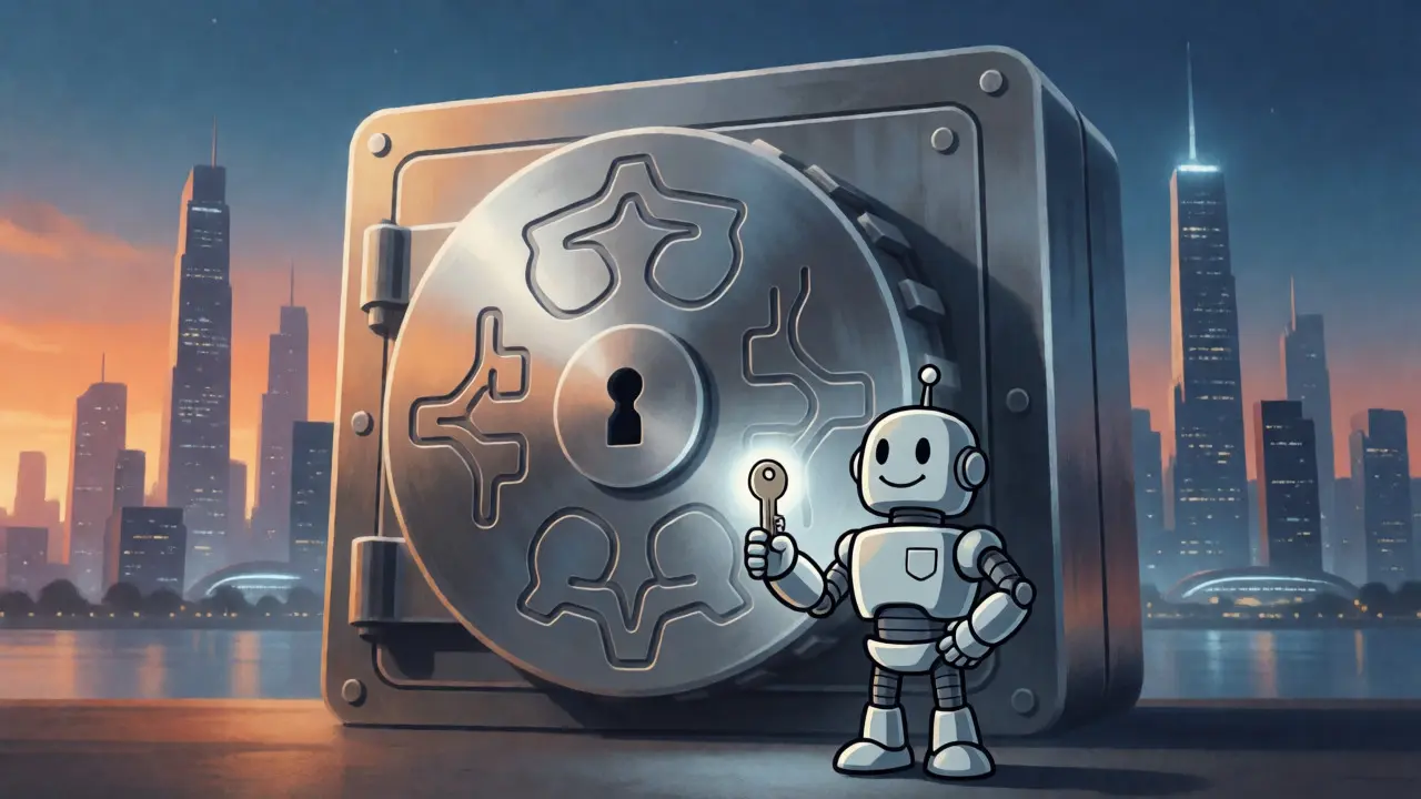 A secure, futuristic vault guarded by a robot, symbolizing regulated crypto safety and trust.