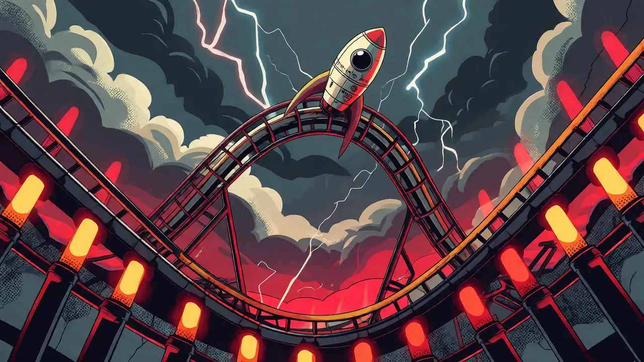 A tiny rocket crashes down a steep, violent rollercoaster track in a stormy sky.