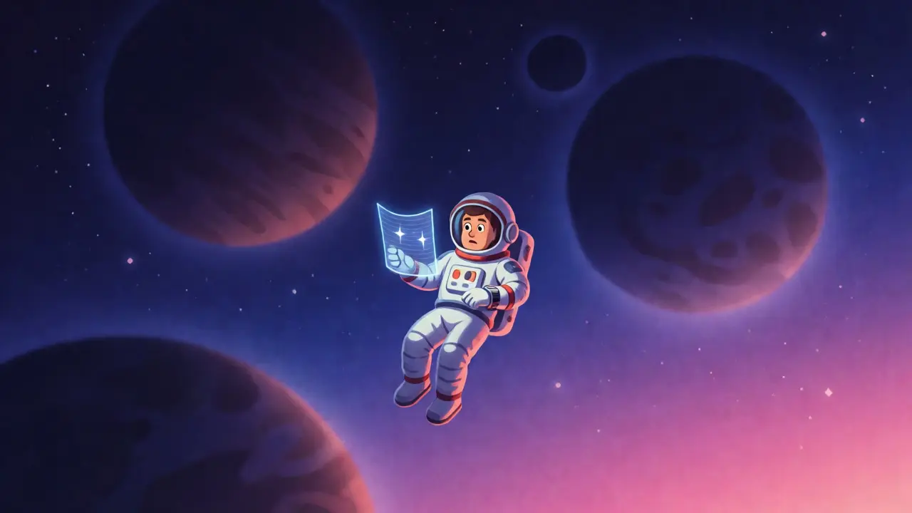 An astronaut alone in space holding a map with only two visible stars.