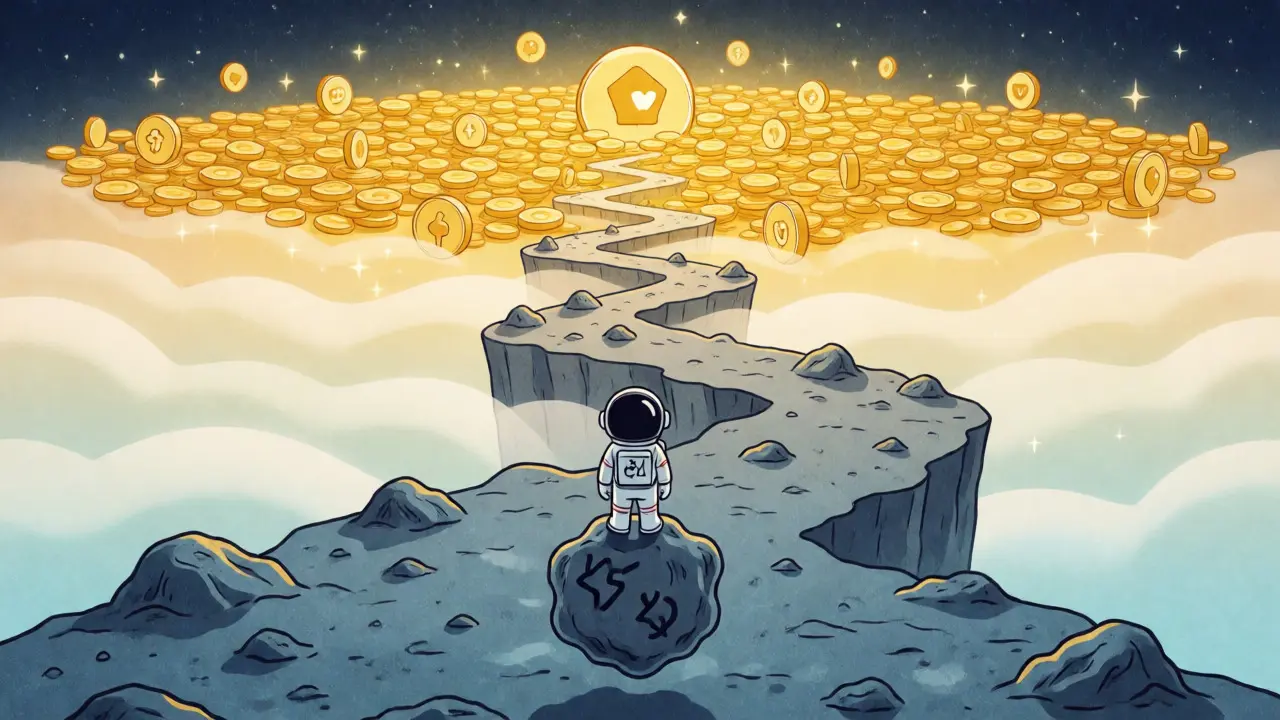 Astronaut reaching for a galaxy of coins representing speculative hype.